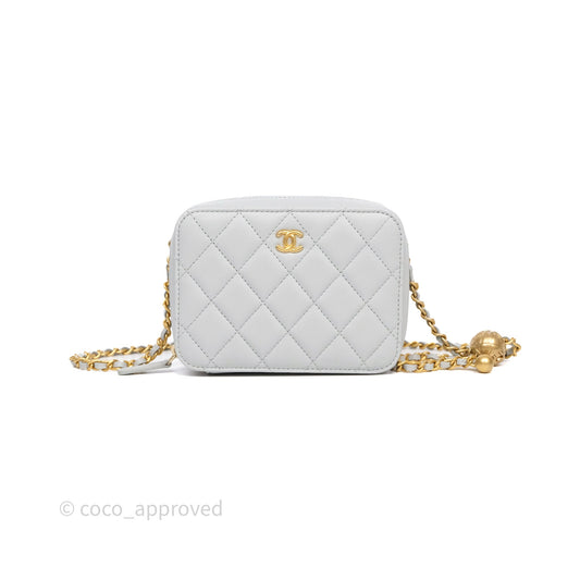 Chanel Quilted CC Pearl Crush Camera Case Light Blue Grey Lambskin Aged Gold Hardware
