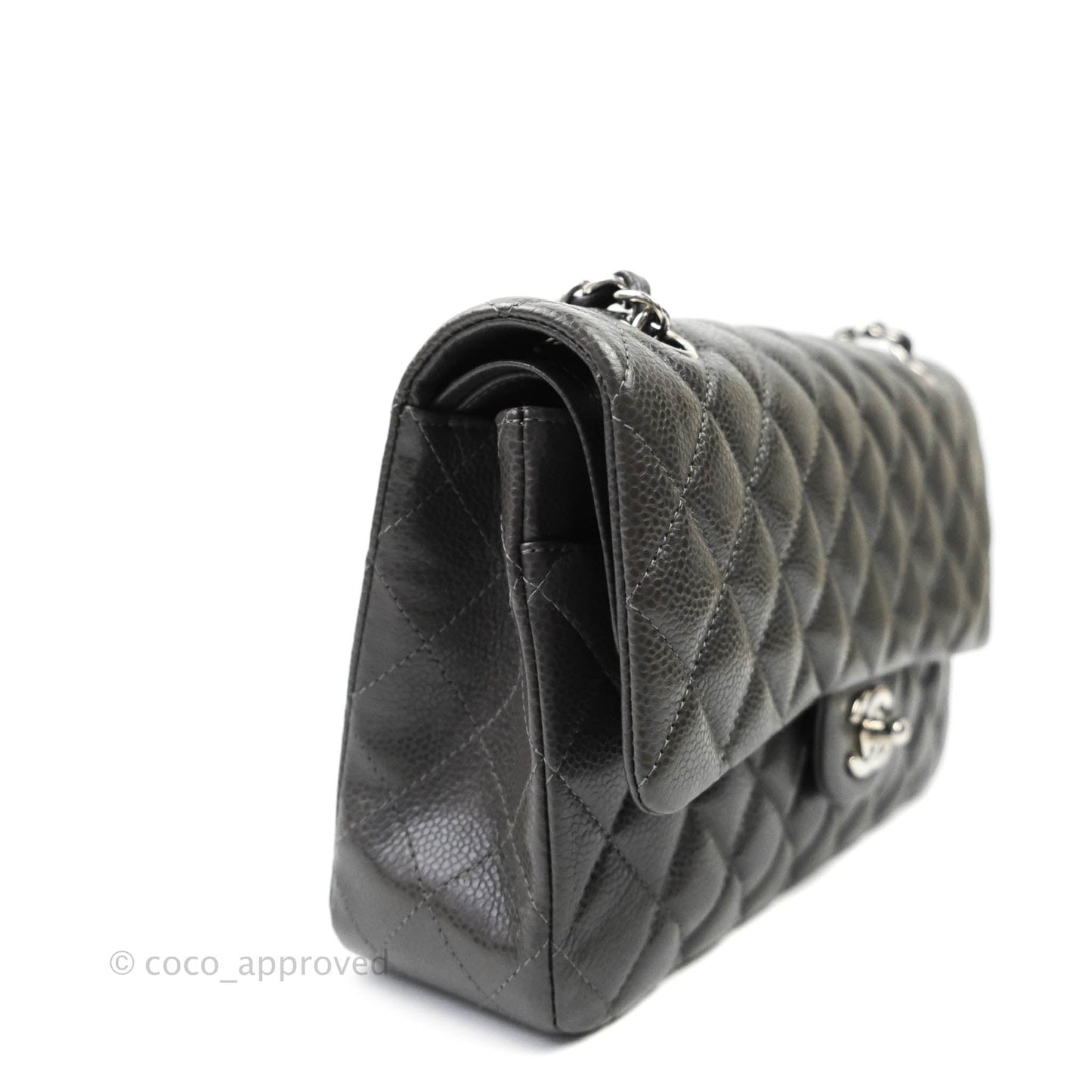 Chanel Quilted M/L Medium Double Flap Dark Grey Caviar Silver Hardware