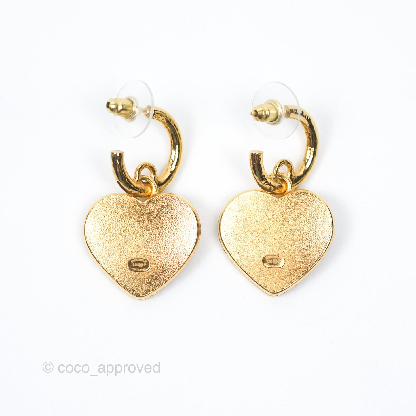 Chanel CC Navy Heart Drop Hoop Earrings Gold Tone 24P