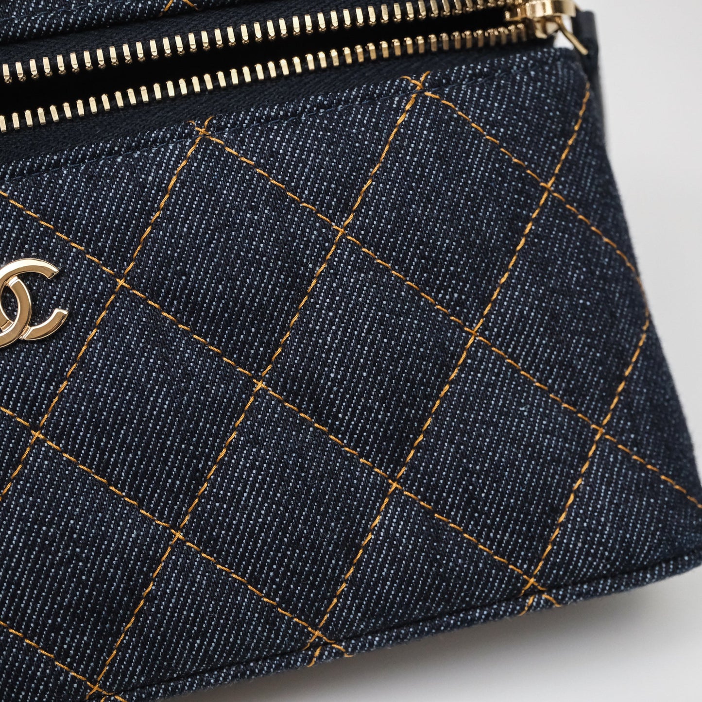 Chanel Top Handle Long Vanity with Chain Dark Blue Denim Gold Hardware