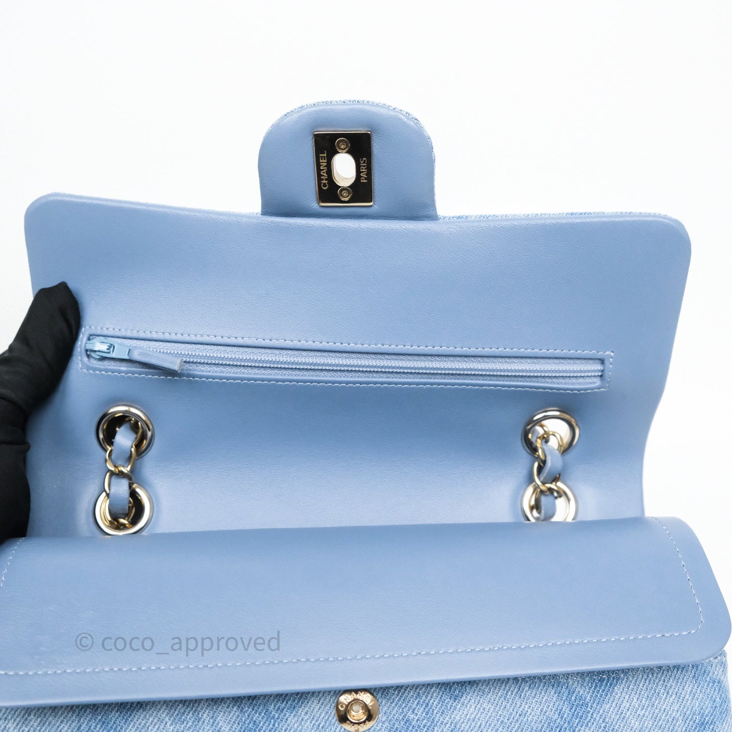 Chanel Small Double Flap Blue Printed Quilted Denim Gold Hardware