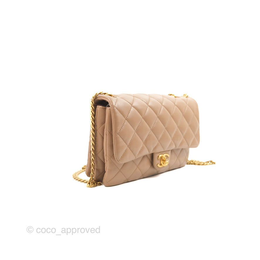 Chanel Flap Bag with Adjustable Strap Beige Lambskin Aged Gold Hardware 22K