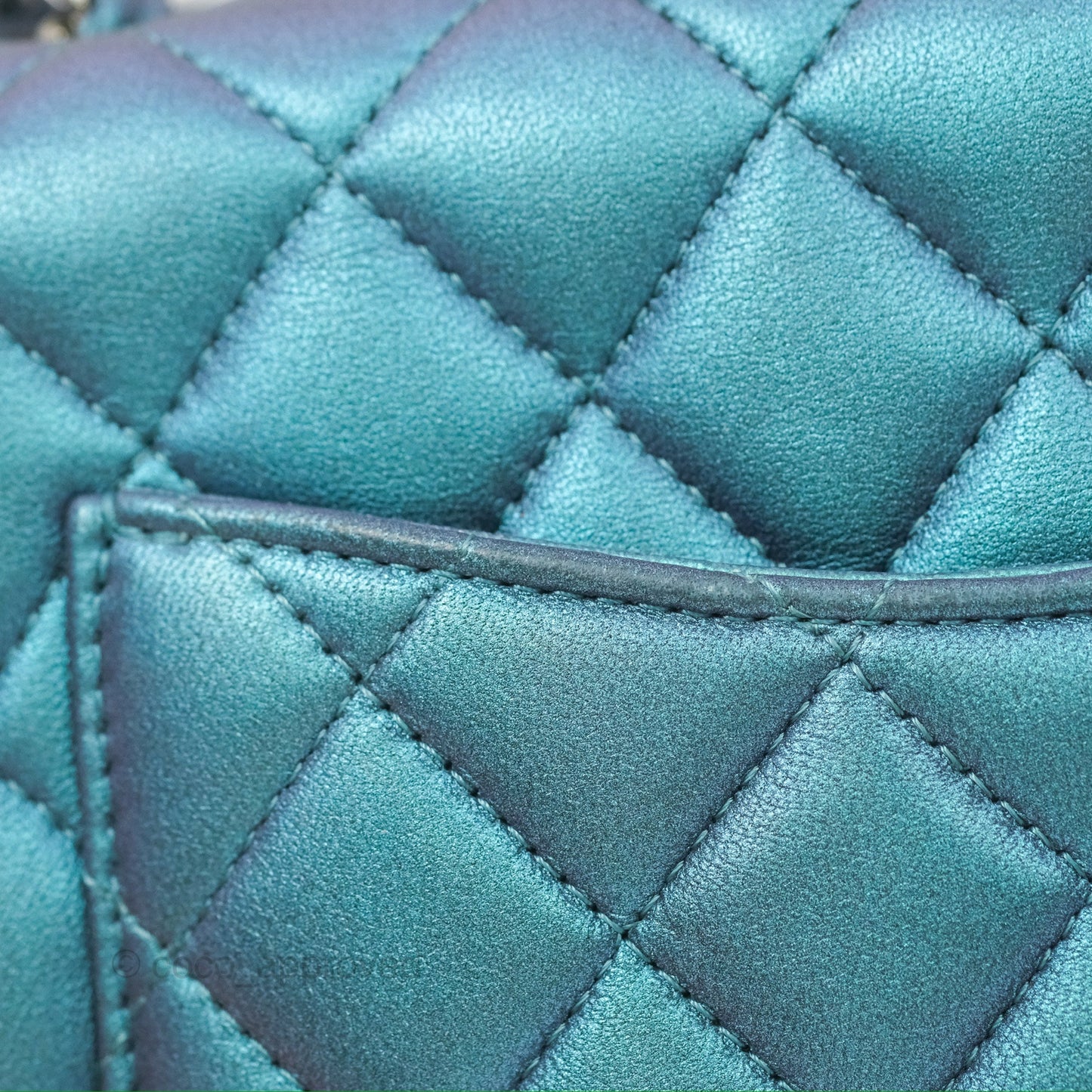 Chanel Mini Square Flap Quilted Iridescent Teal Lambskin Gun Metal