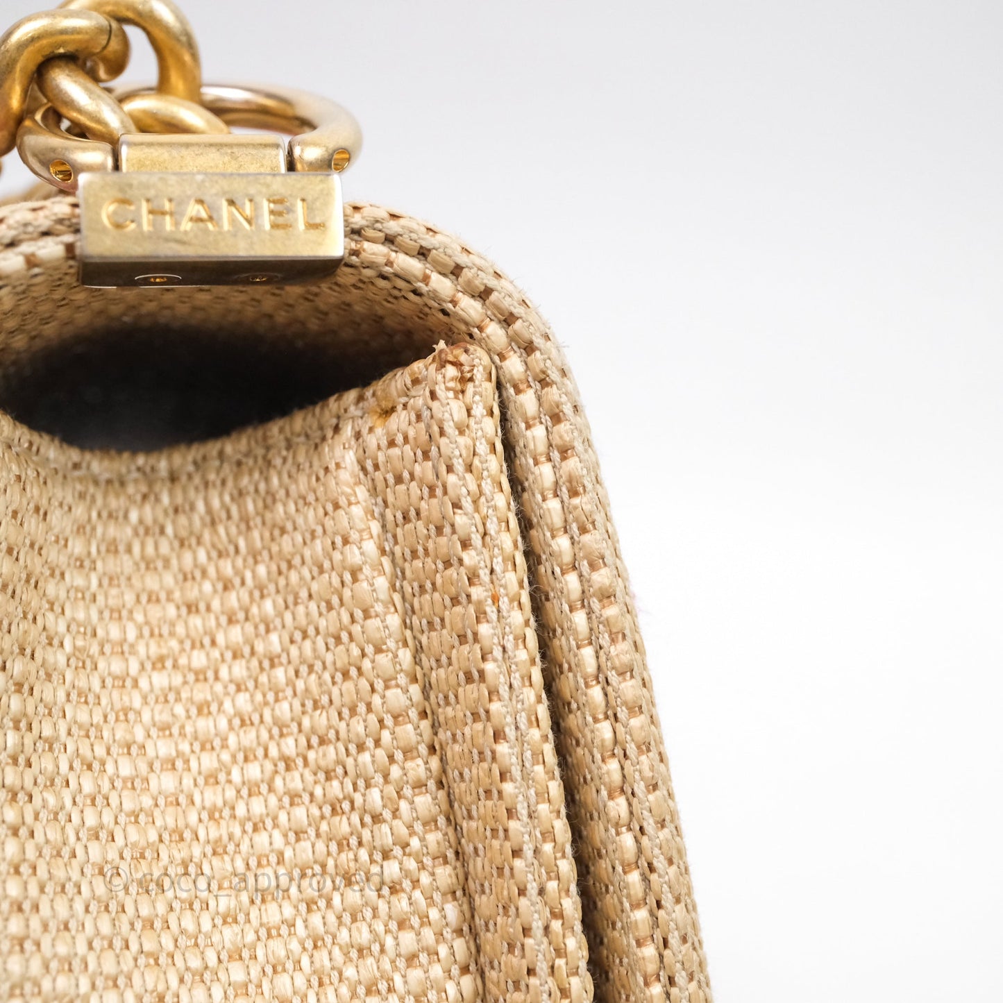 Chanel Small Boy Chevron Raffia Metallic Pink Aged Gold Hardware