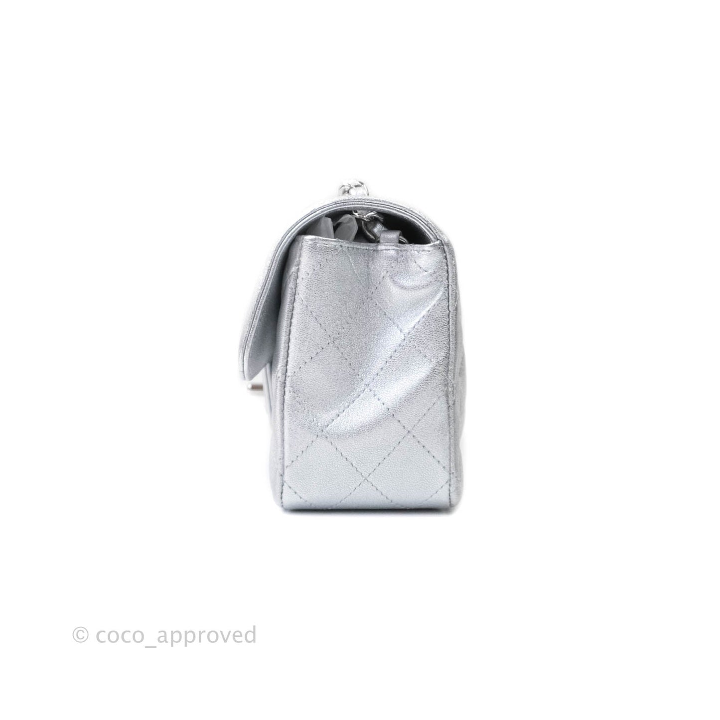 Chanel Quilted Mini Rectangular Flap Metallic Silver Lambskin Silver Hardware