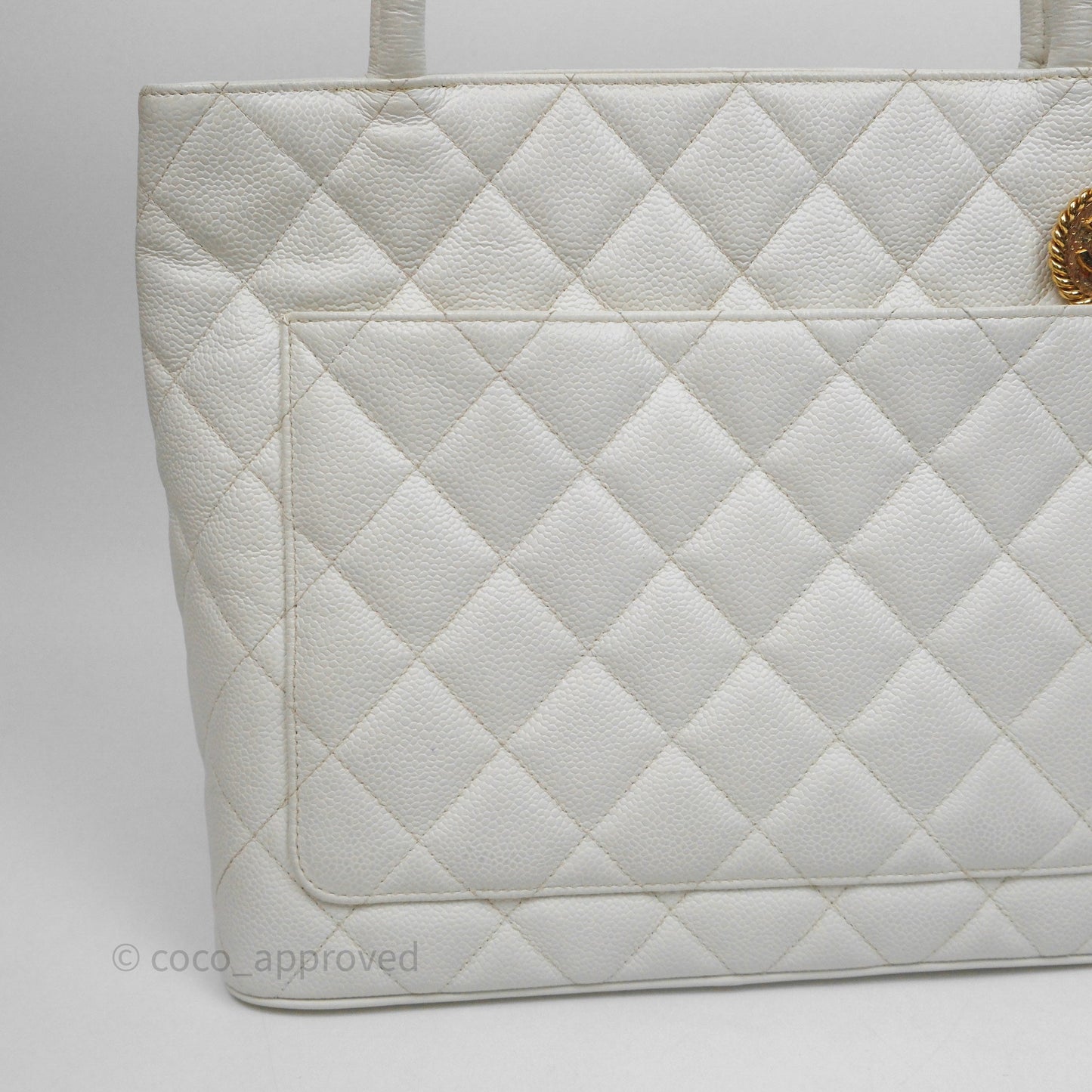 Chanel Vintage Medallion CC White Caviar Tote Bag Gold Hardware