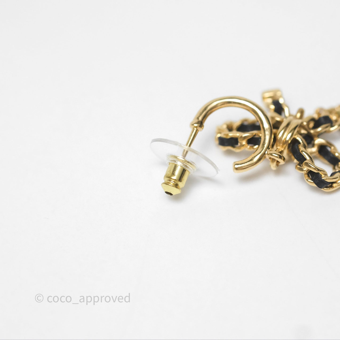 Chanel Woven Ribbon Bow Black Drop Earrings Gold Tone 22A