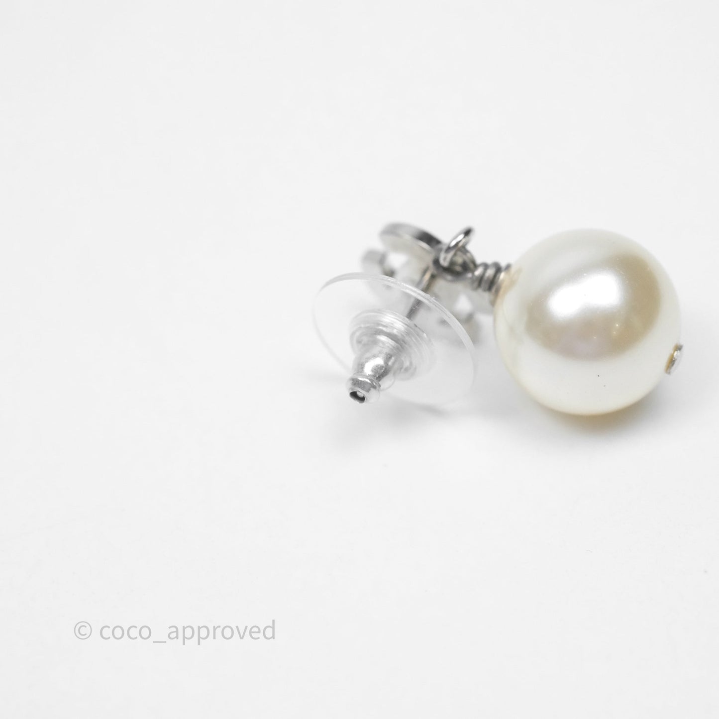Chanel CC Crystal Pearl Drop Earrings Silver Tone 19V