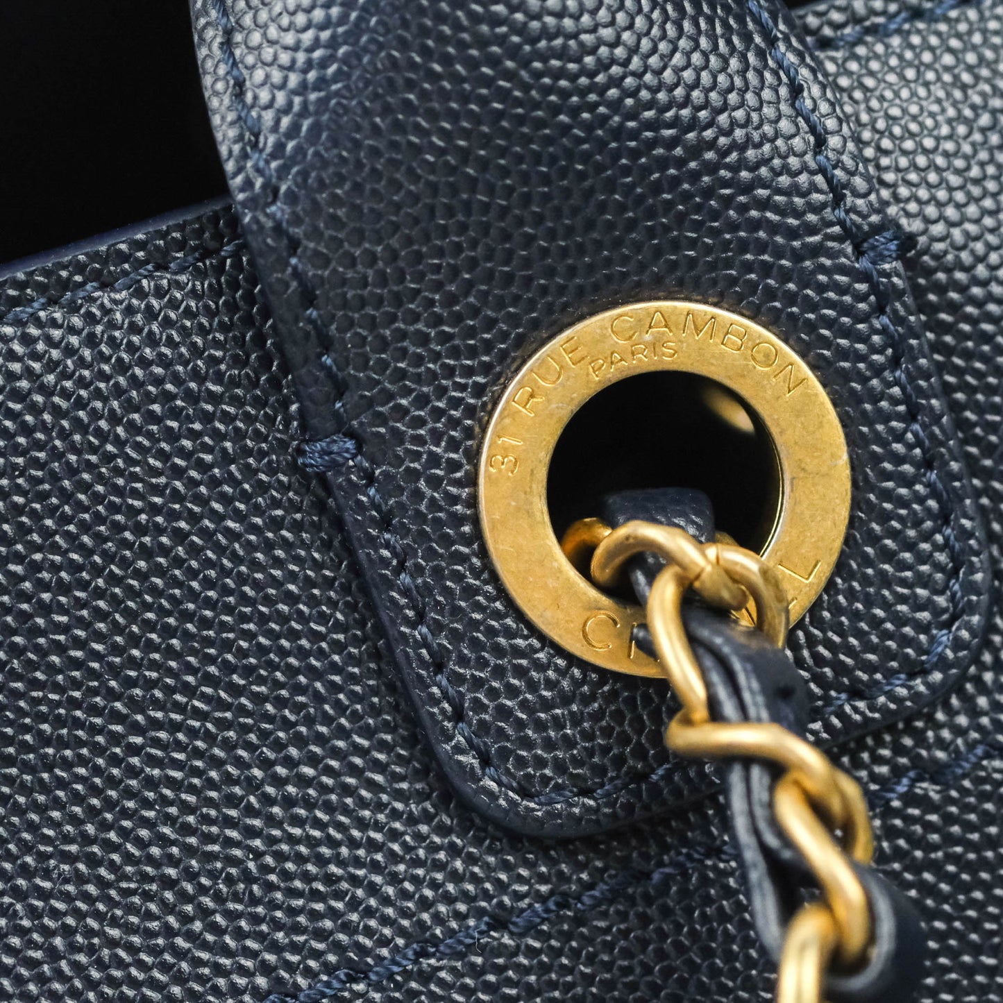 Chanel Medium Studded Navy Caviar Deauville Shopping Bag Aged Gold Hardware