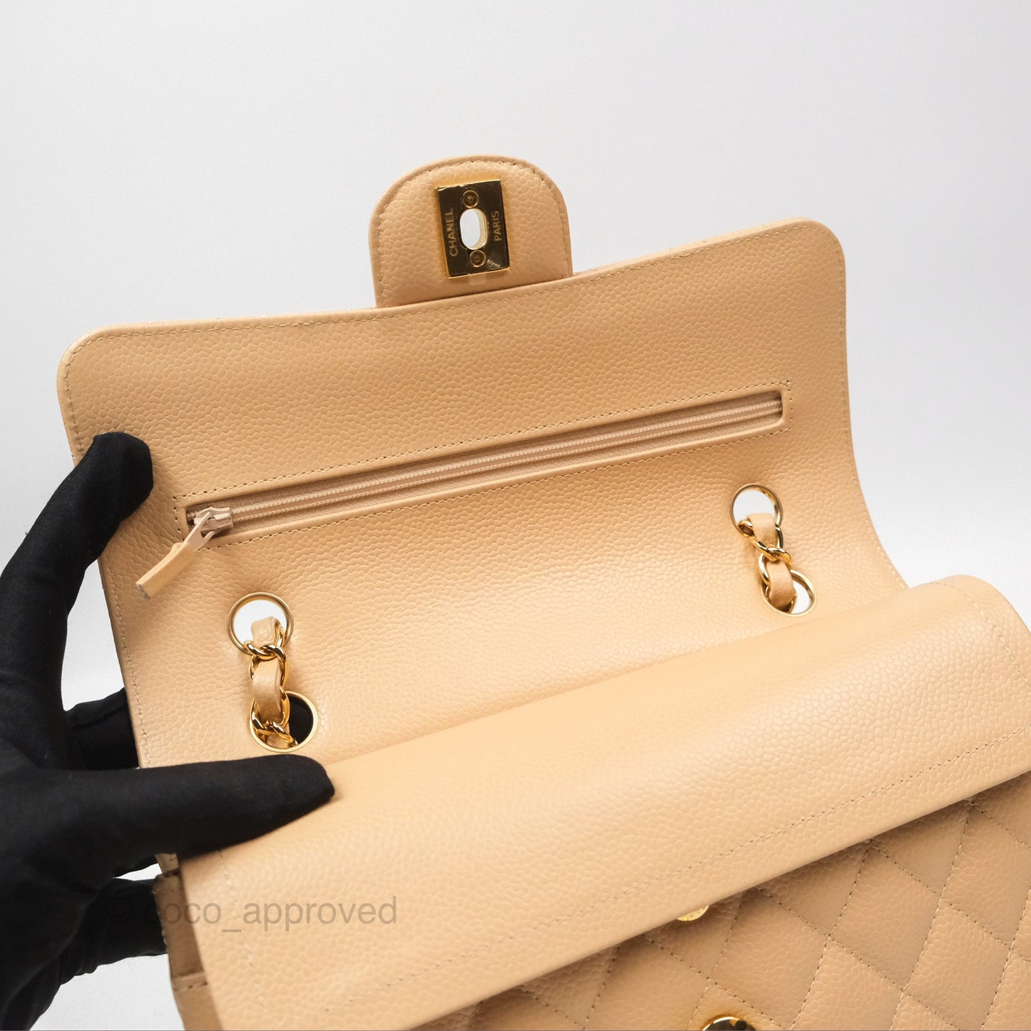 Chanel Classic Small S/M Quilted Flap Beige Caviar Gold Hardware