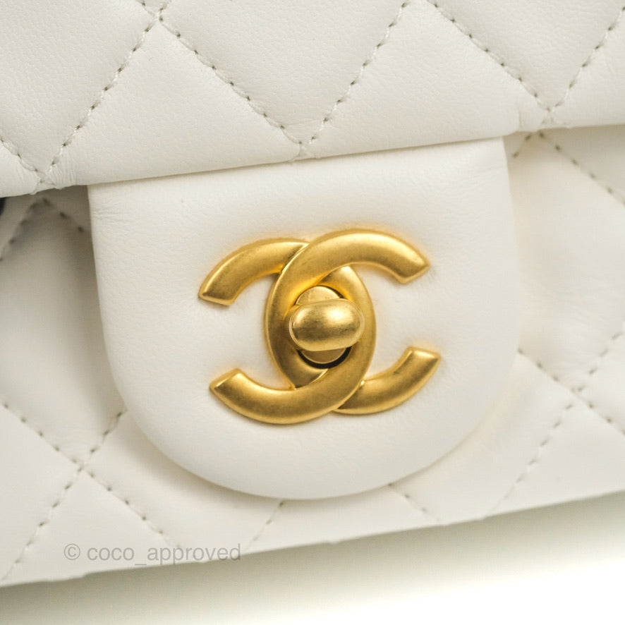 Chanel Mini Square Pearl Crush Quilted White Lambskin Aged Gold Hardware