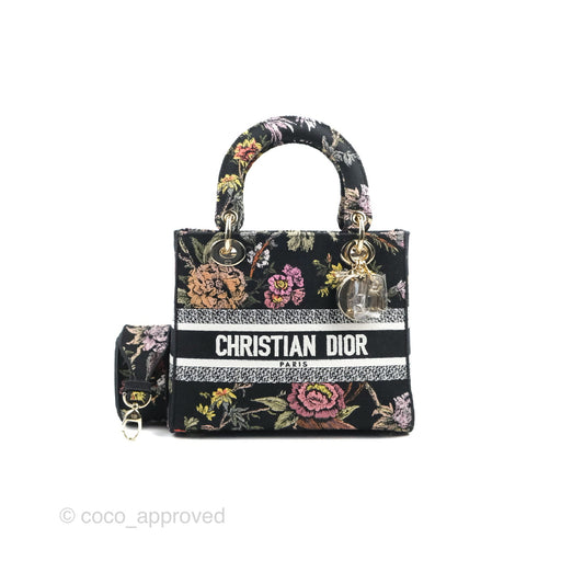 Christian Dior Medium Lady D-Lite Bag Black Dior Jardin Botanique Embroidery