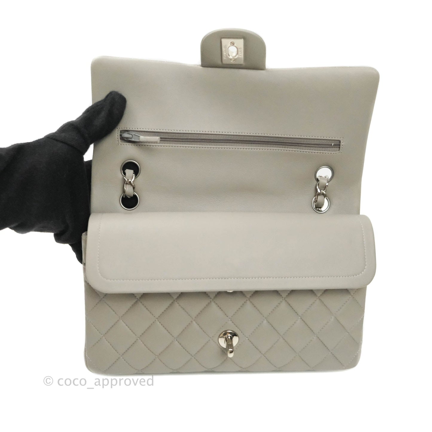 Chanel M/L Medium Double Flap Bag Grey Lambskin Silver Hardware 19B