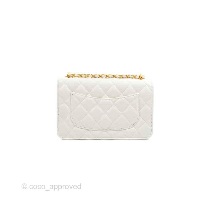 Chanel Quilted Double Chain WOC White Shiny Lambskin Aged Gold Hardware 23C