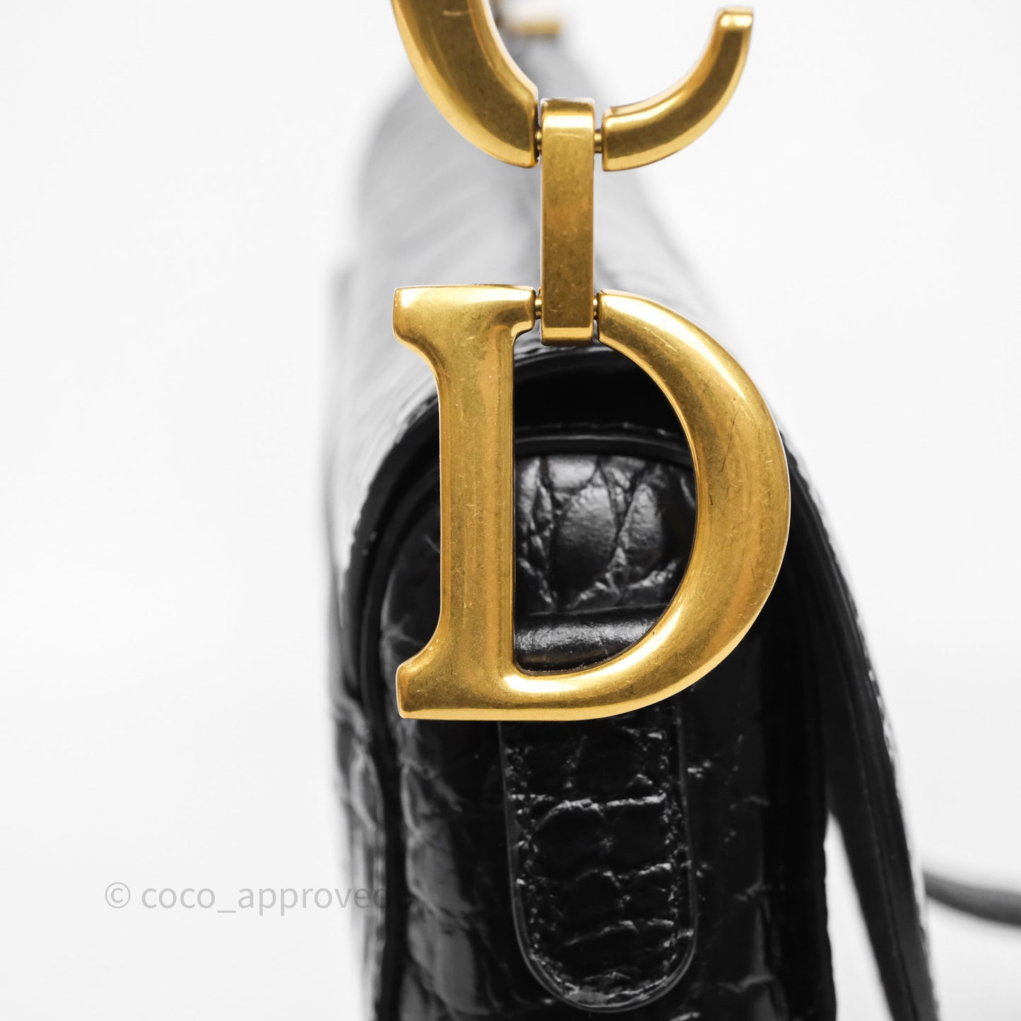 Christian Dior Saddle Bag Black Shiny Crocodile Gold Hardware