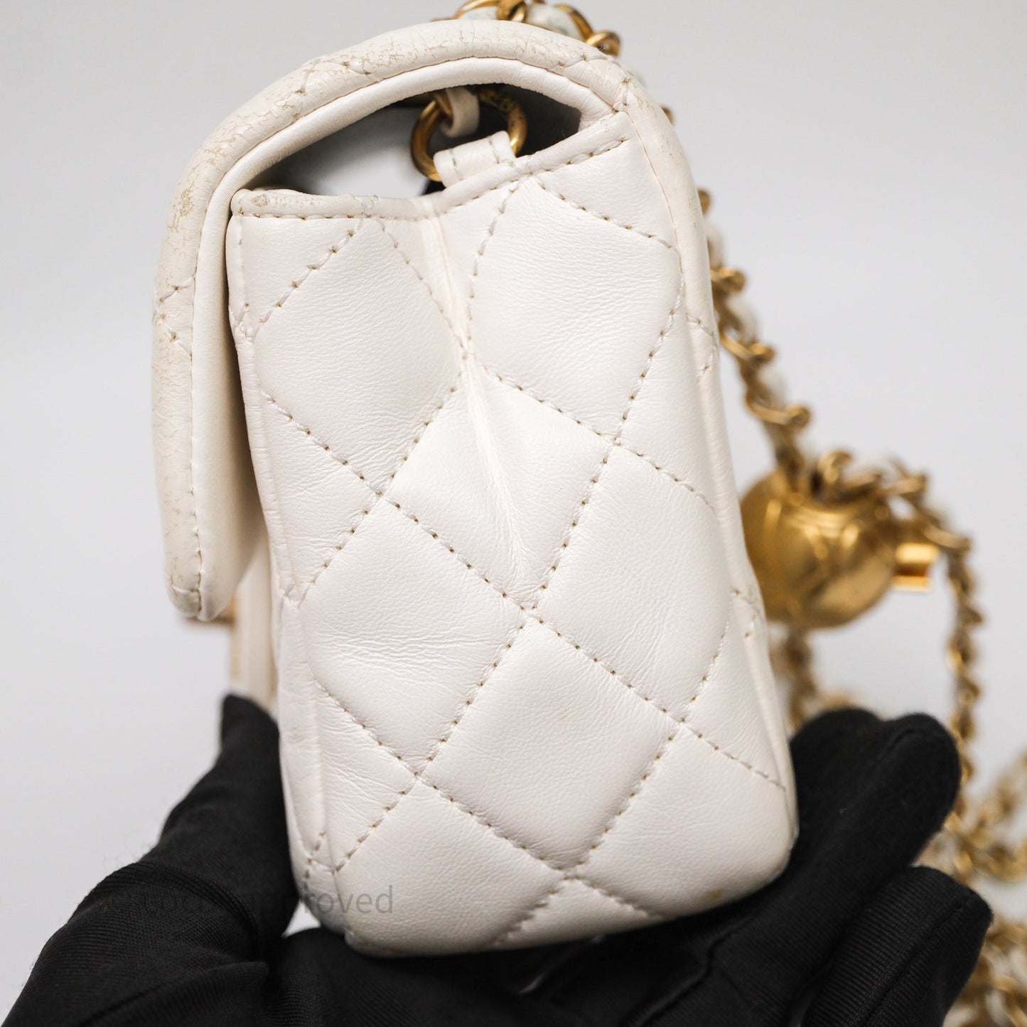 Chanel Mini Rectangular Pearl Crush Quilted White Lambskin Aged Gold Hardware
