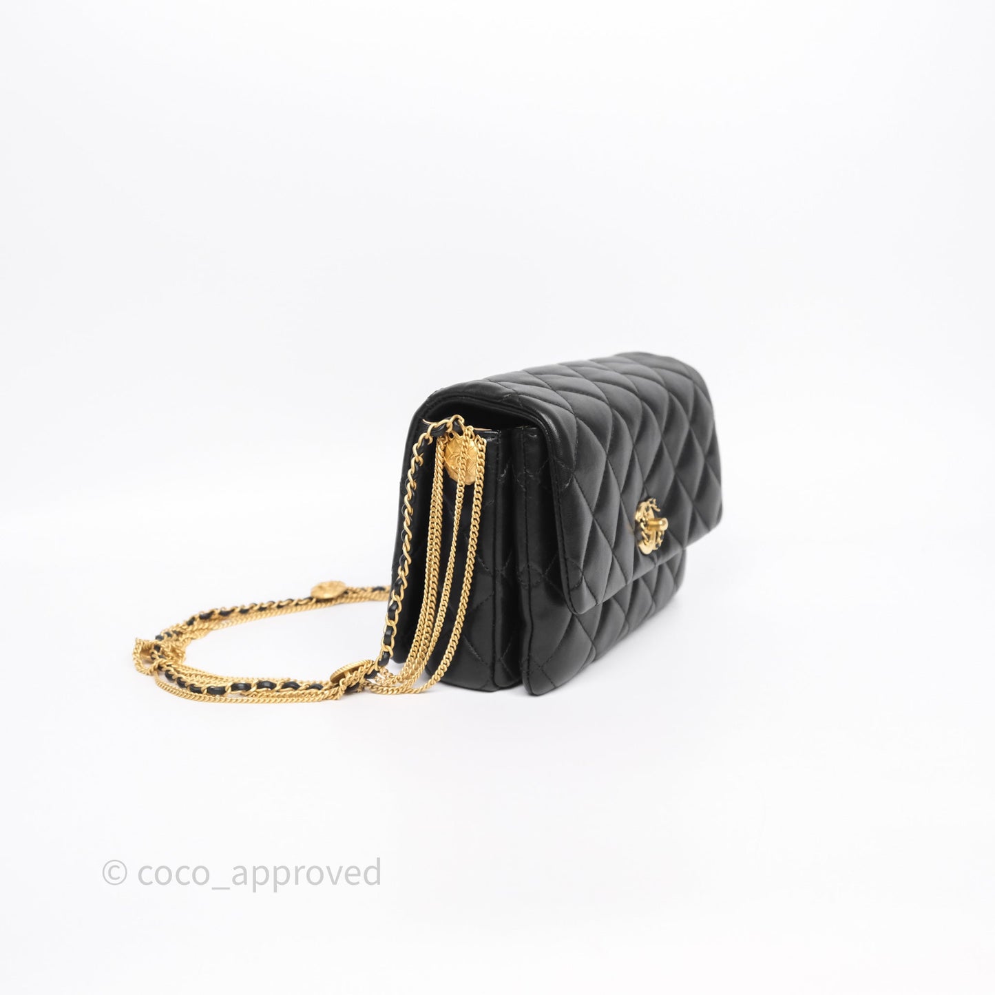 Chanel Quilted Accordion Flap Bag with Button on Chain Black Lambskin Aged Gold Hardware 22A