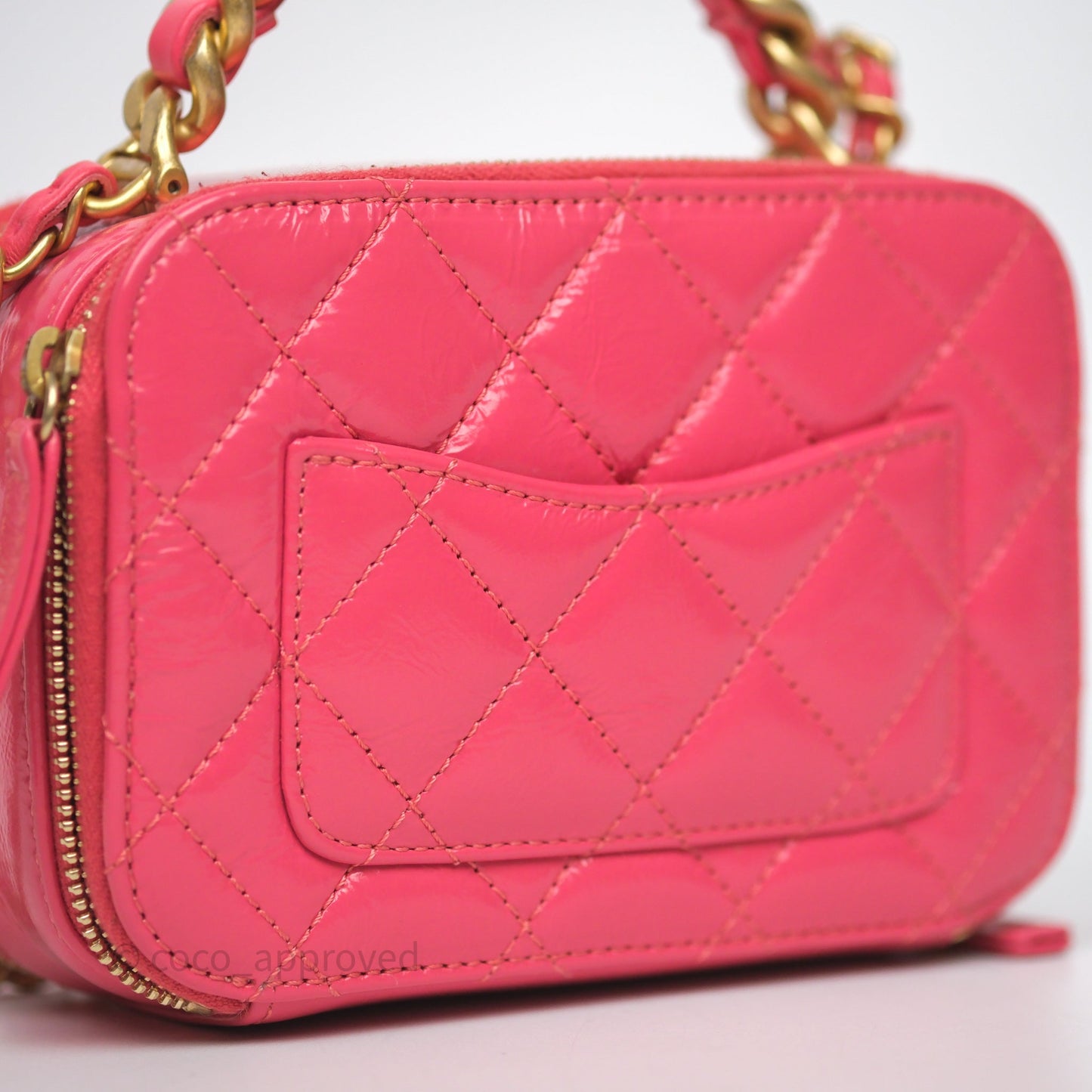 Chanel Small Top Handle Vanity Case Hot Pink Shiny Crumpled Calfskin Aged Gold Hardware