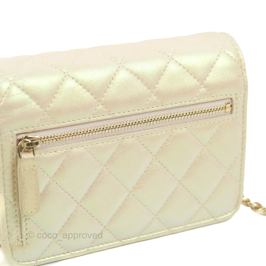 Chanel Quilted Mini Wallet on Chain WOC Iridescent Ivory Gold Hardware 20B