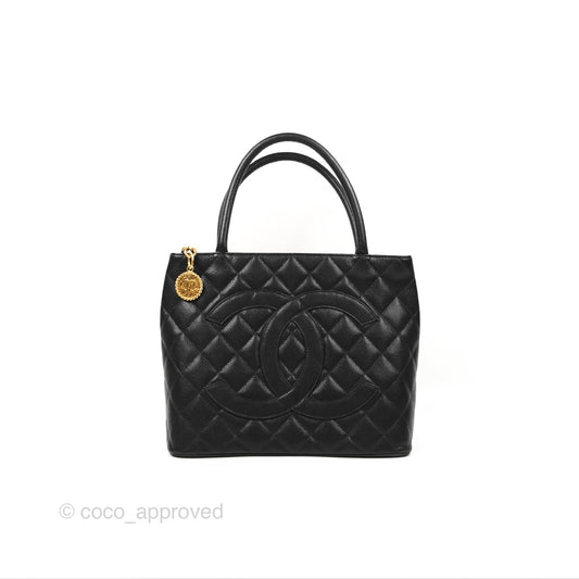 Chanel Vintage Medallion CC Black Caviar Tote Bag Gold Hardware