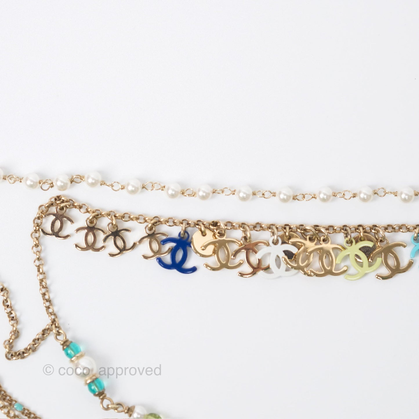 Chanel Pearl CC Green Bead Long Necklace Gold Tone 19S