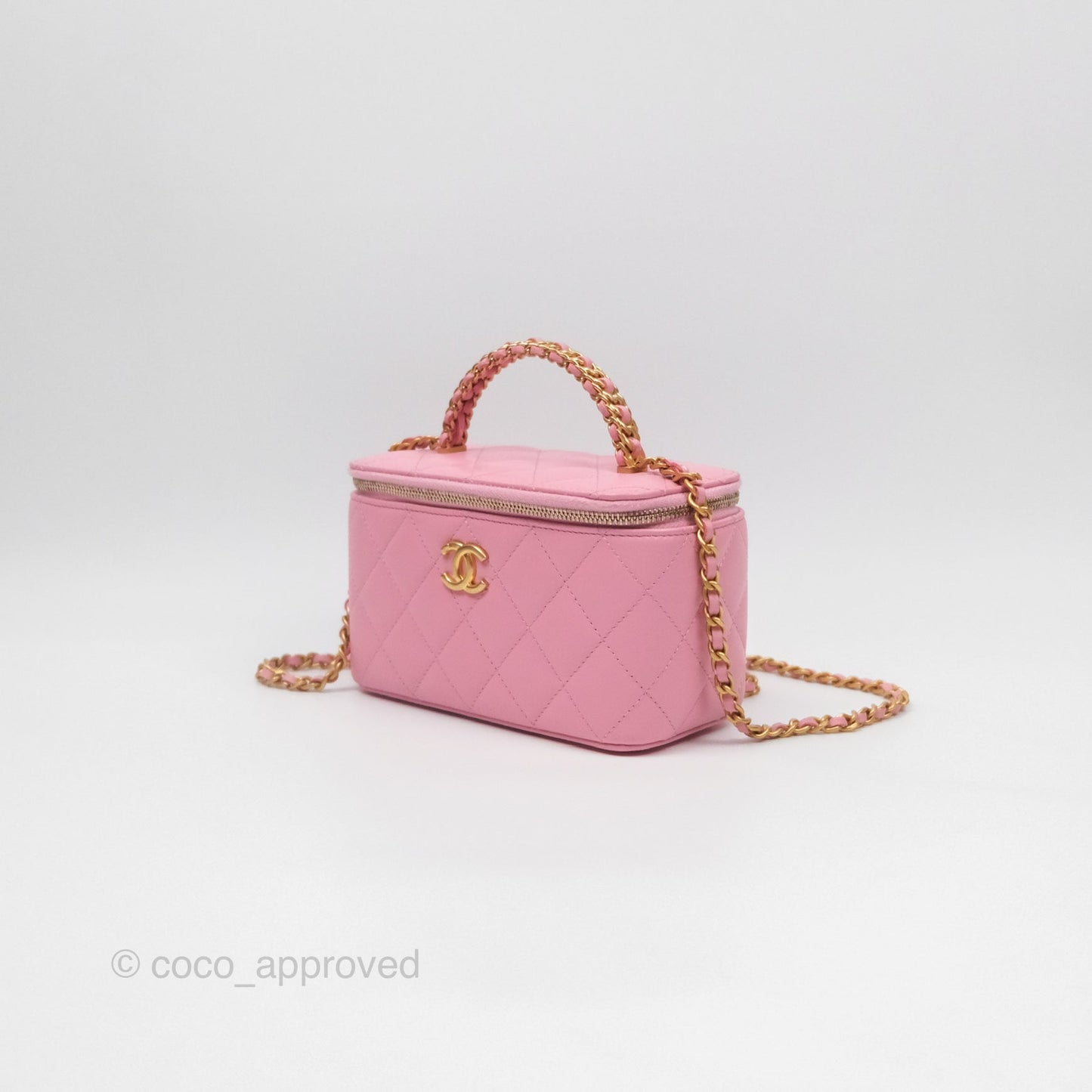 Chanel Vanity Rectangular with Top Handle Pink Lambskin Aged Gold Hardware