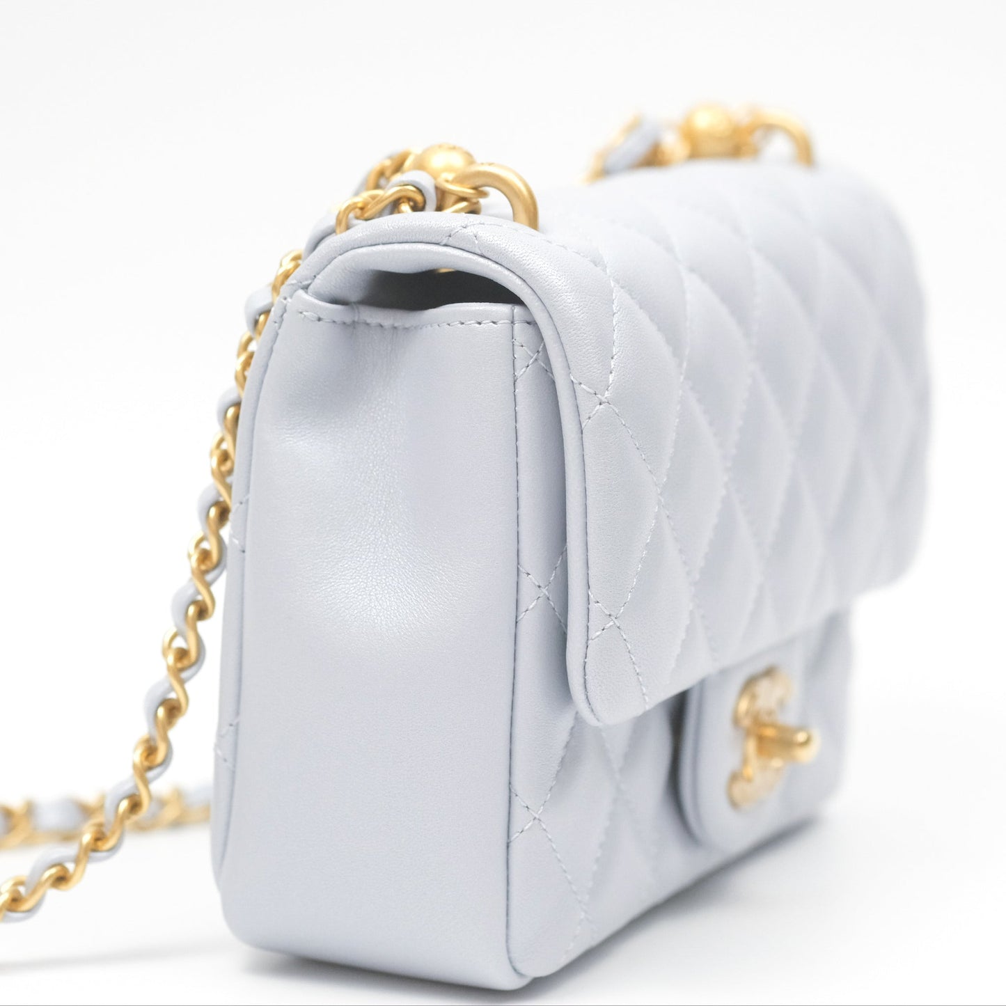 Chanel Pearl Chain Mini Flap Bag Pearly Light Blue Lambskin Aged Gold Hardware 24P