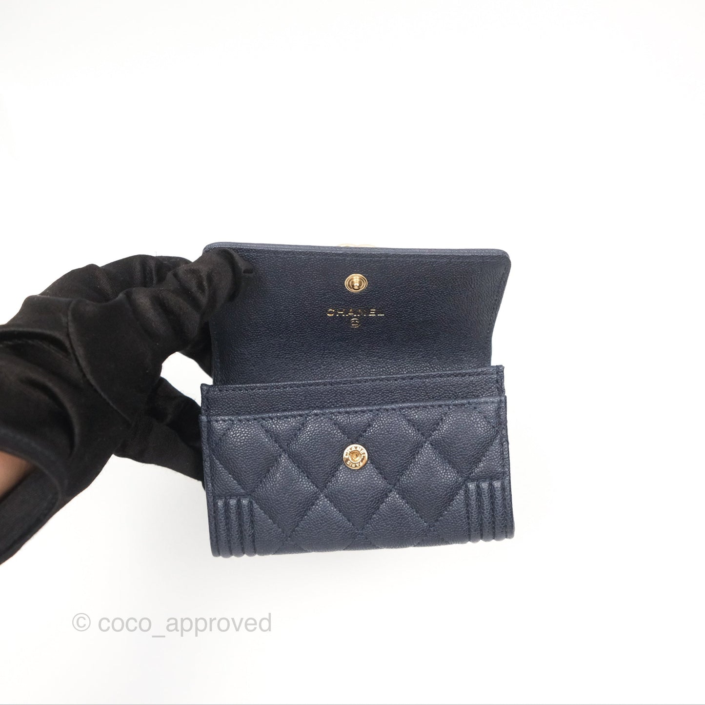 Chanel Quilted Boy Flap Card Holder Navy Caviar Gold Hardware