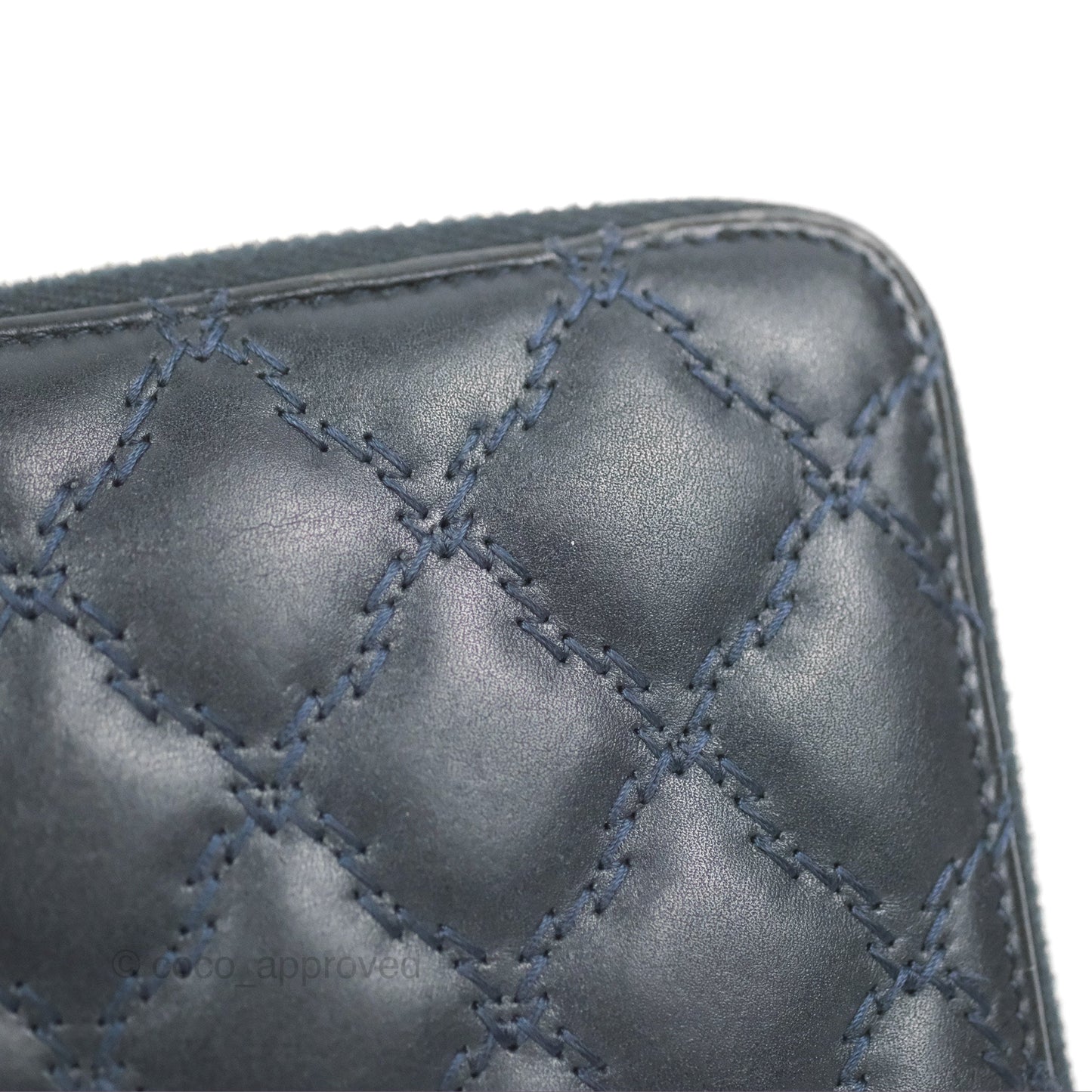 Chanel Quilted Zip Long Wallet Navy Lambskin Silver Hardware