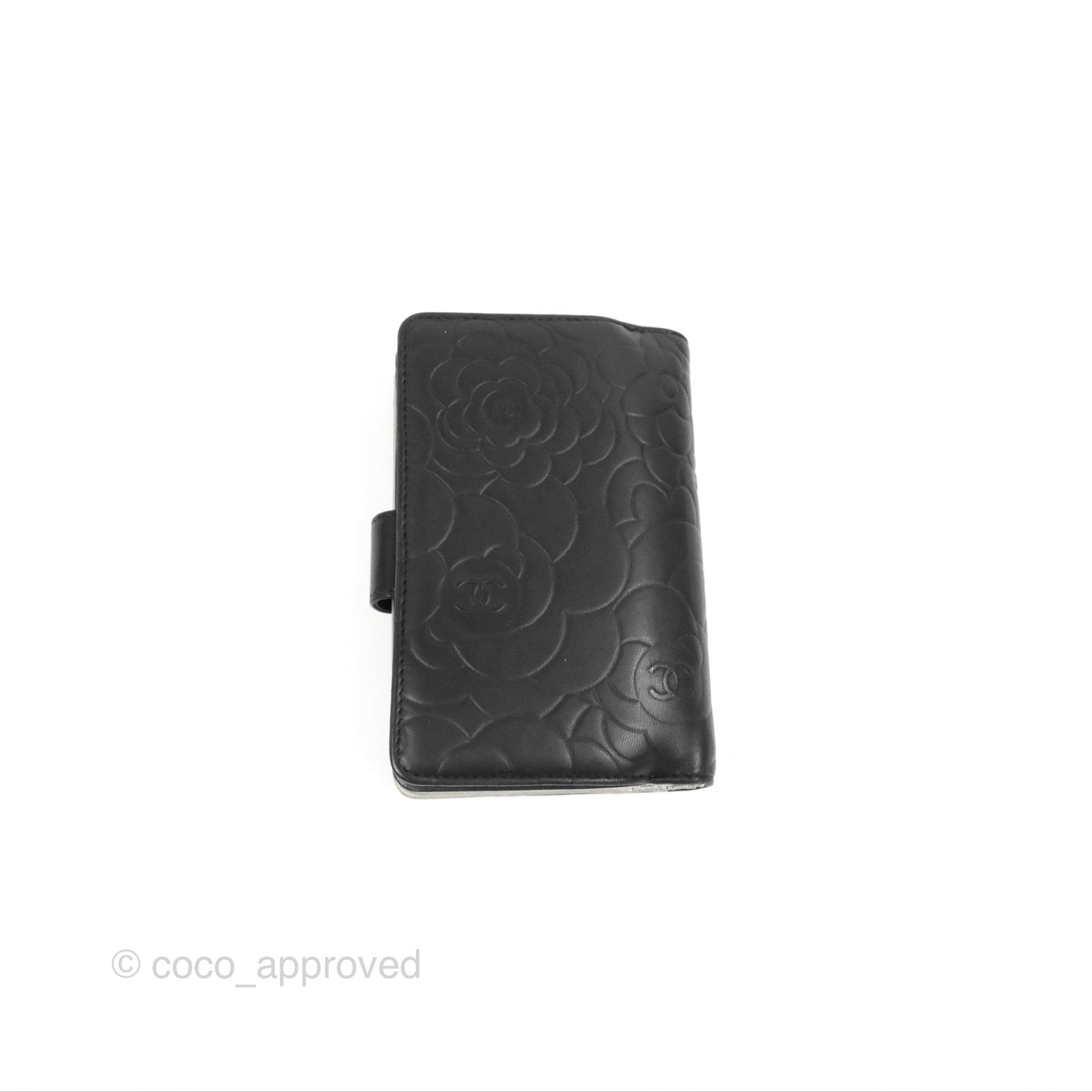 Chanel Wallet Black Camellia Embossed Lambskin Silver Hardware
