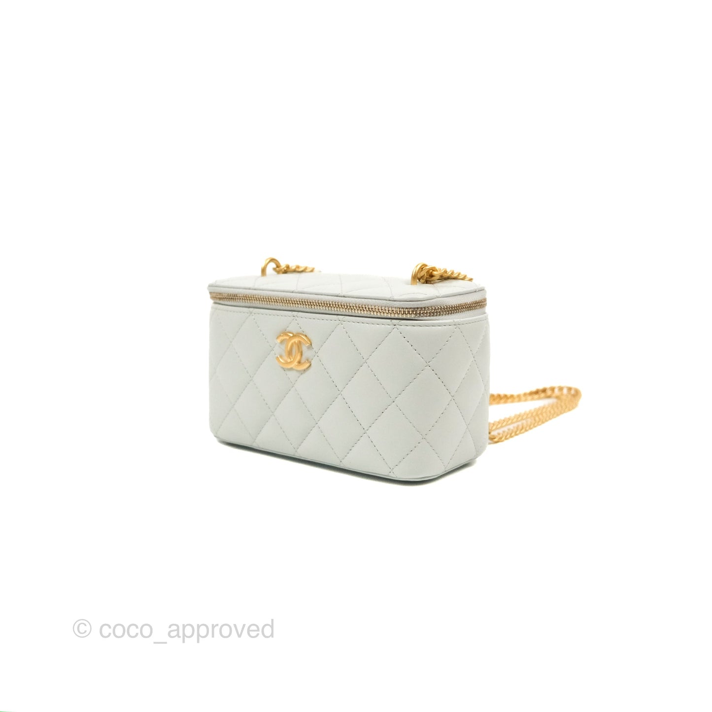 Chanel Quilted Vanity Rectangular with Camellia Adjustable Chain Light Blue Lambskin 23S