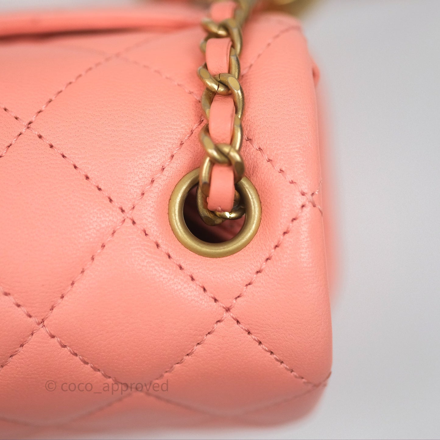 Chanel Pearl Crush Mini Square Quilted Peachy Pink Lambskin Aged Gold Hardware