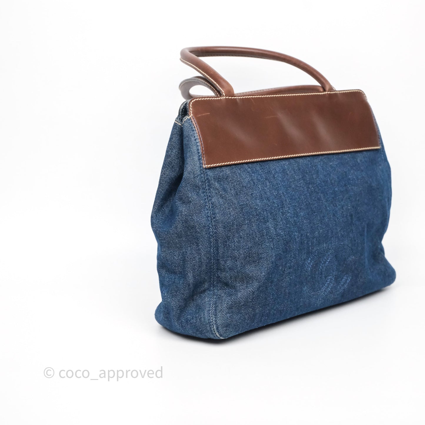 Chanel Vintage CC Tote Bag Denim Brown Leather