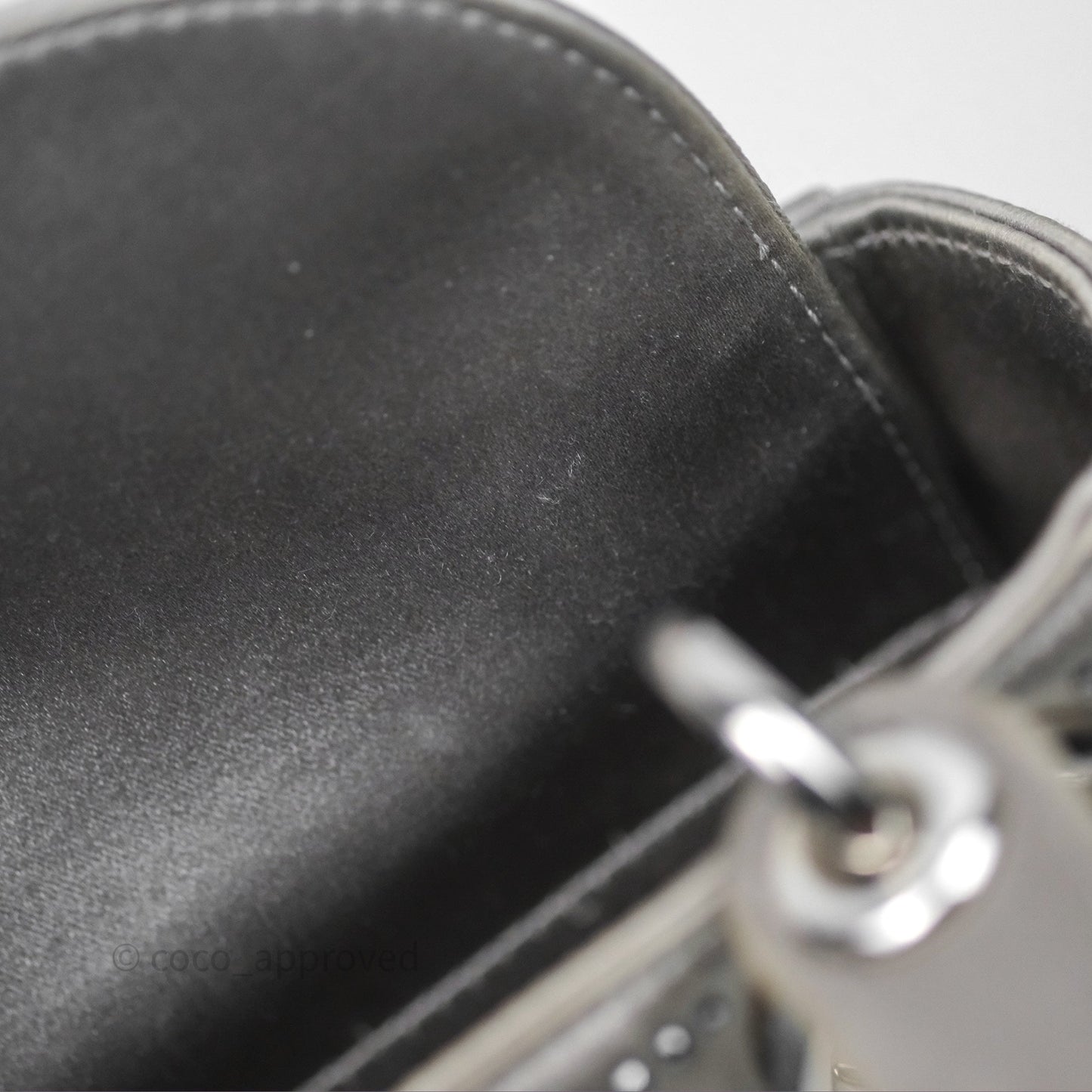 Christian Dior Mini Lady Dior Bag Grey Strass Cannage Satin Silver Hardware