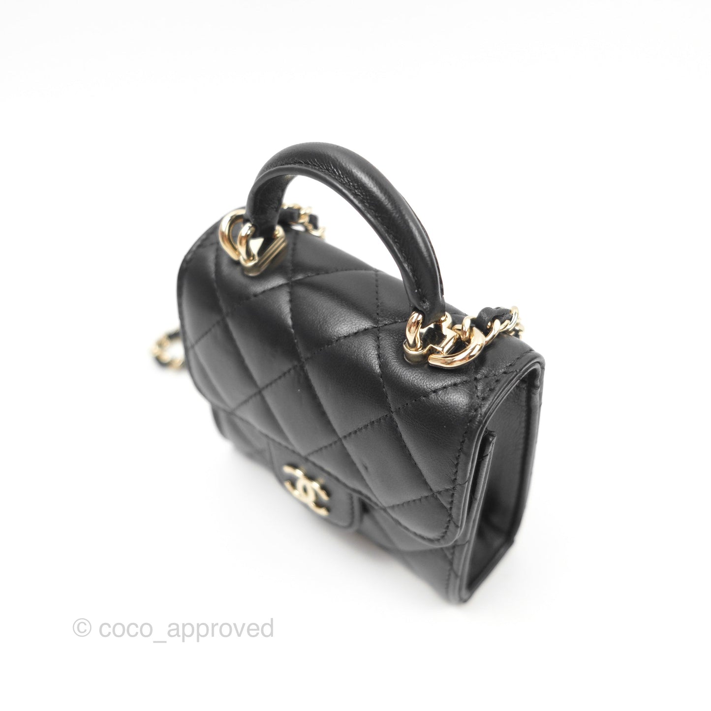 Chanel Mini Handle Clutch With Chain Black Lambskin Gold Hardware