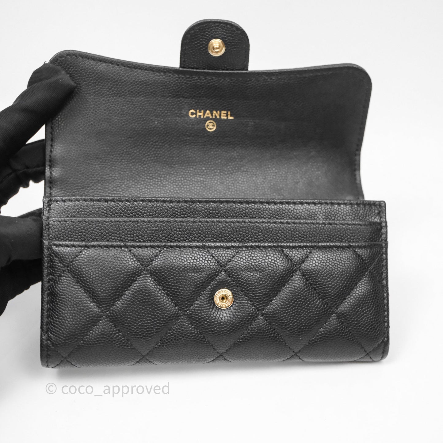 Chanel Classic Quilted Flap Long Wallet Black Caviar Gold Hardware