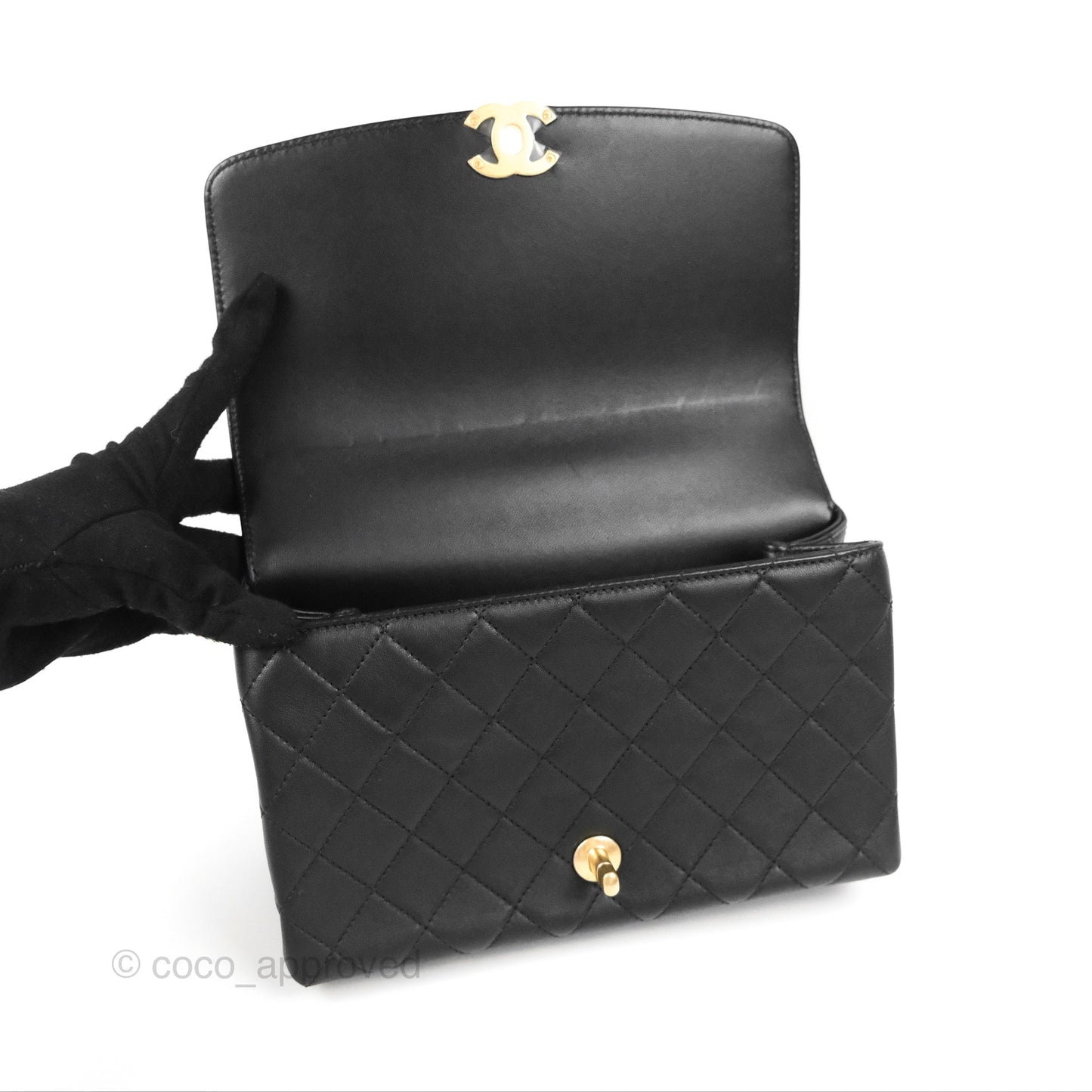 Chanel La Parisienne Top Handle Flap Bag Black Lambskin Aged Gold Hardware