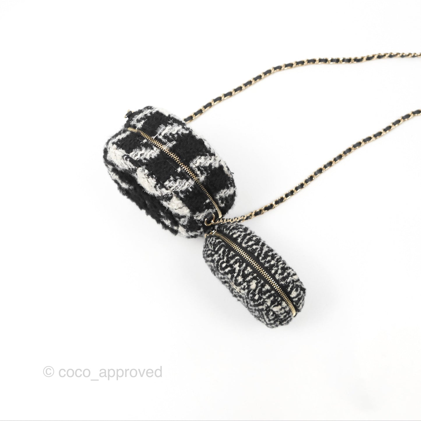 Chanel Shearling CC Round Clutch with Chain & Coin Purse Black & White Houndstooth Tweed
