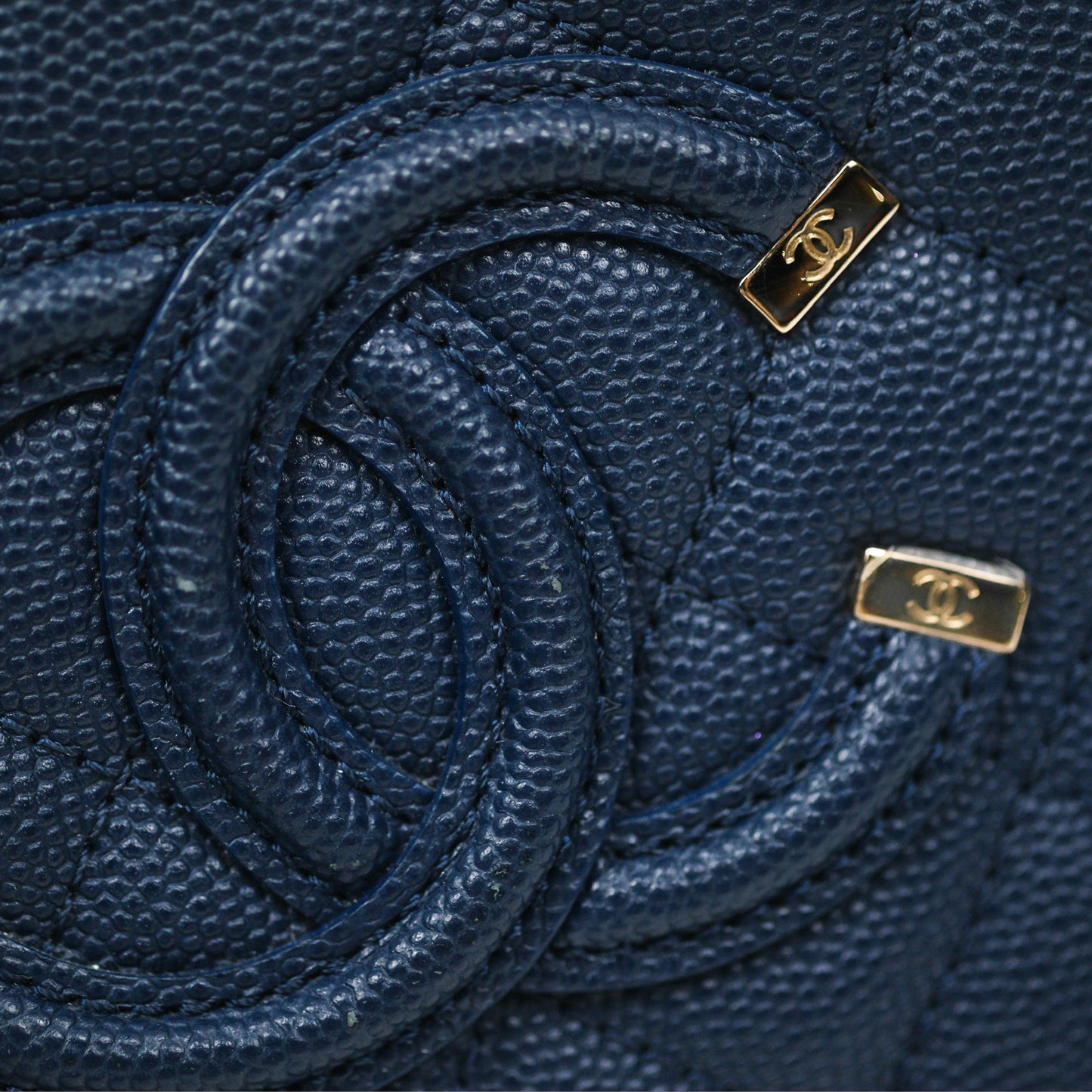 Chanel Quilted Small CC Filigree Vanity Case Navy Caviar Gold Hardware