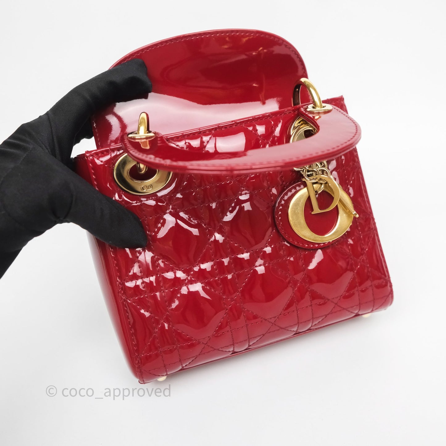 Christian Dior Mini Lady Dior Red Patent Cannage Gold Hardware