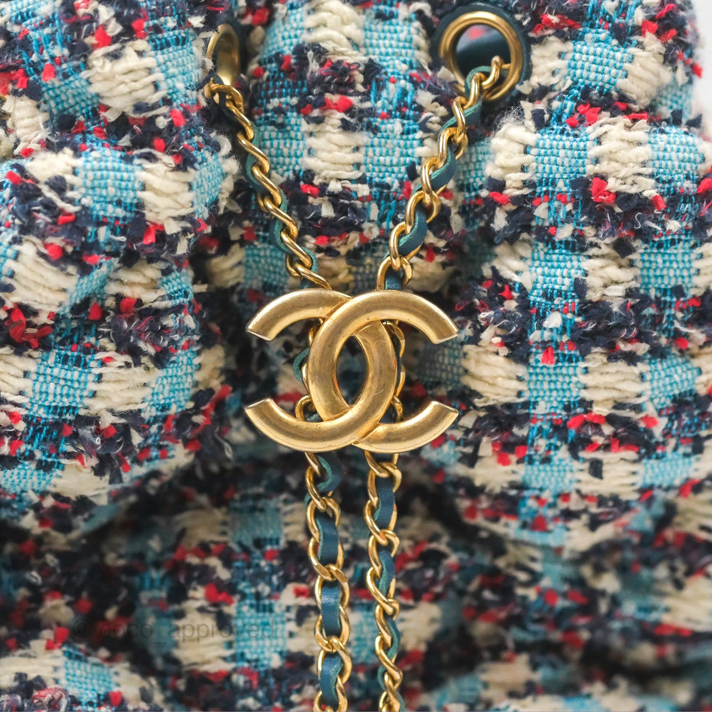 Chanel Cuba Chesterfield Tweed Drawstring Bucket Bag Blue Aged Gold Hardware 17C