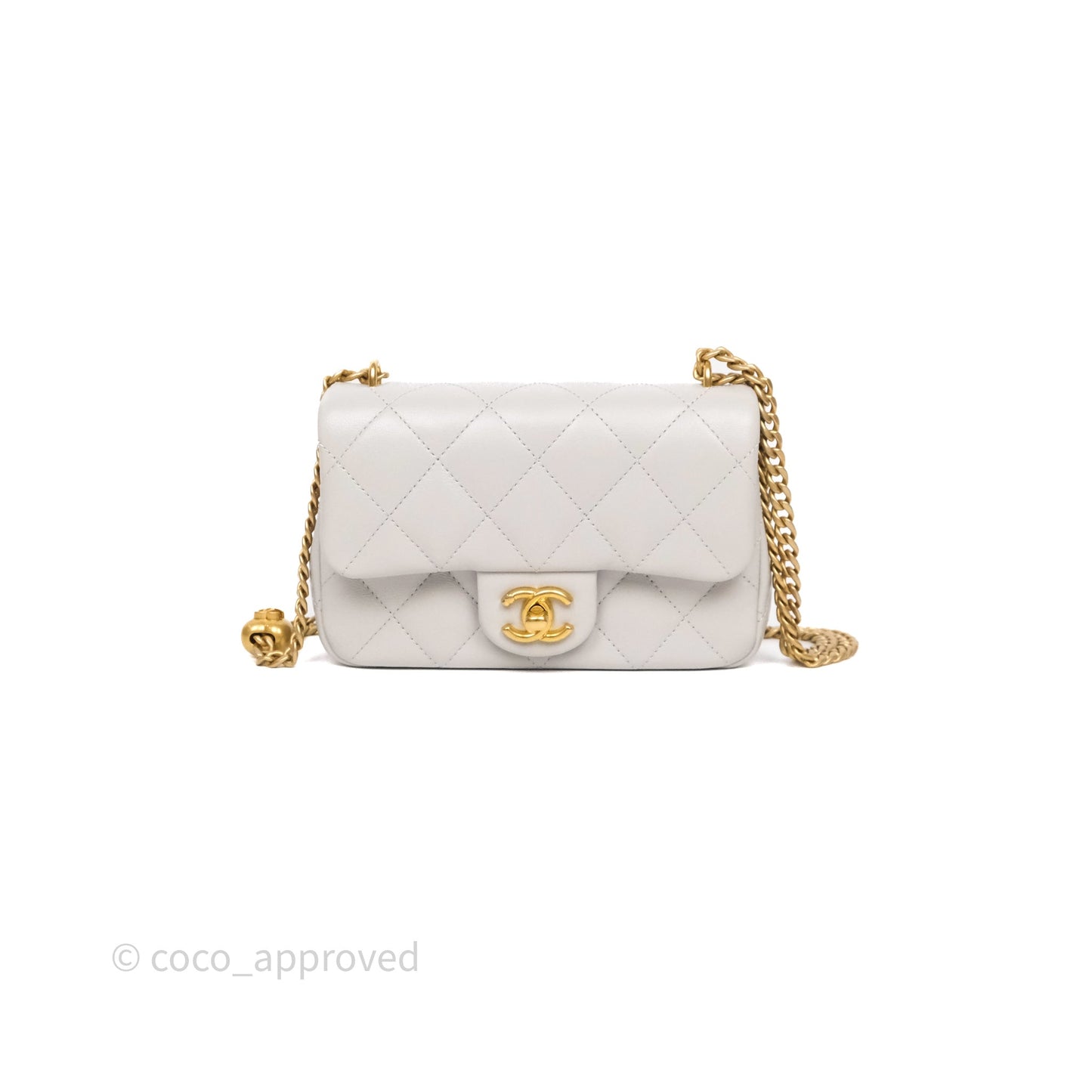 Chanel Heart Crush Mini Flap Bag Light Grey Lambskin Aged Gold Hardware 24P