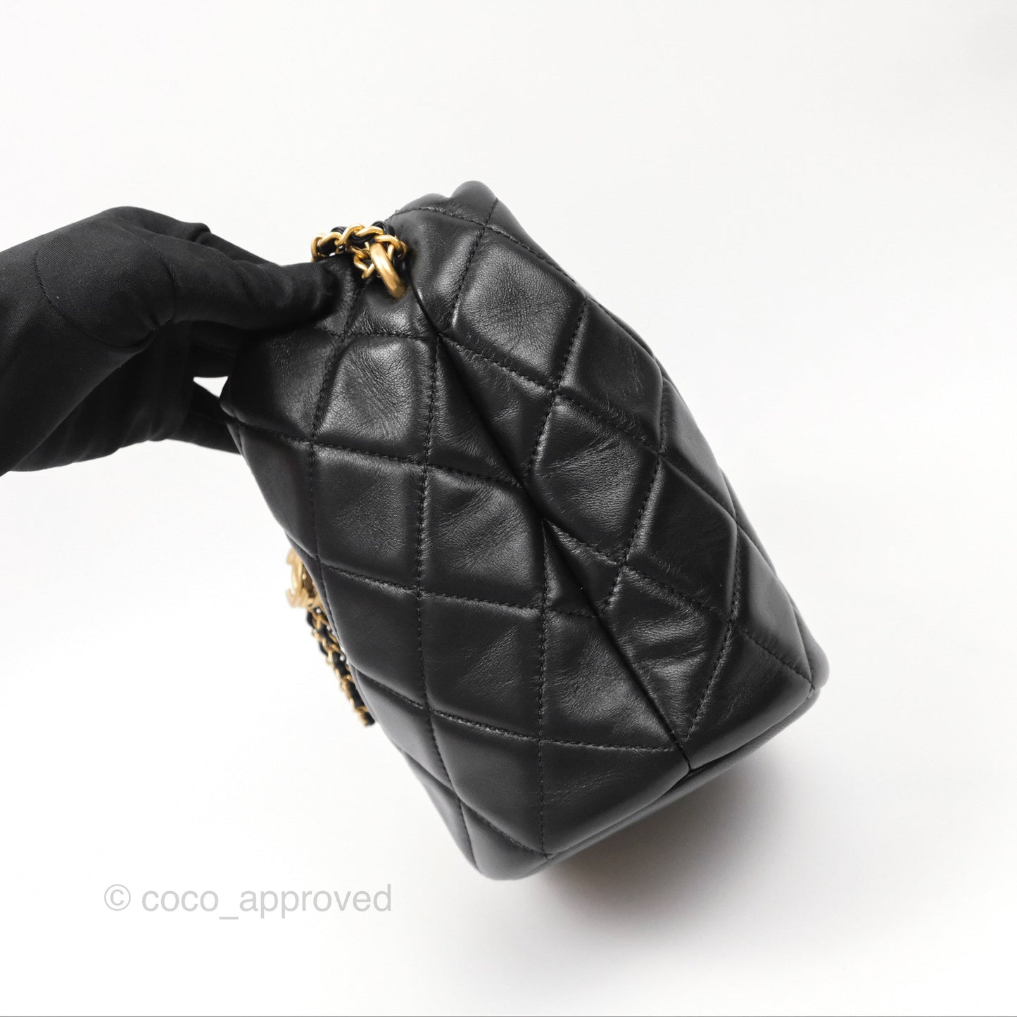 Chanel Quilted My Perfect with Pearl Drawstring Bucket Bag Black Lambskin Aged Gold Hardware
