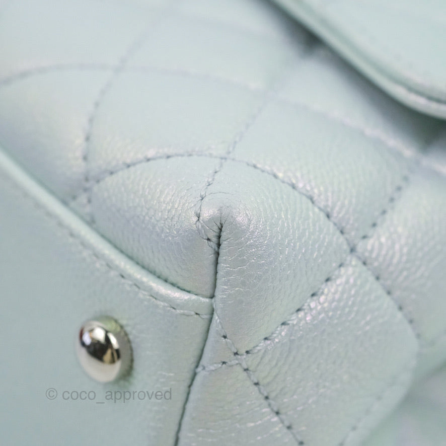 Chanel Small Coco Handle Quilted Iridescent Light Blue Caviar Rainbow Hardware