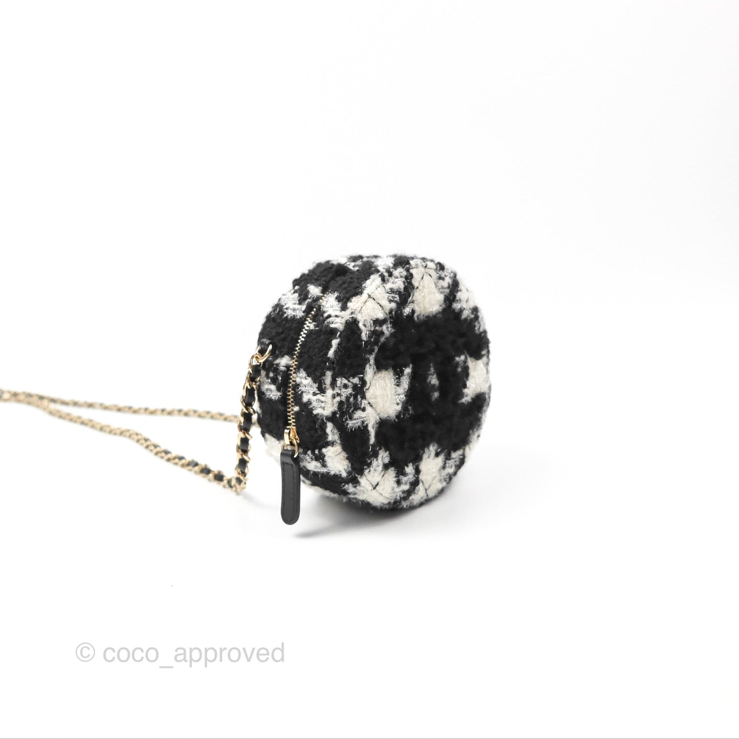 Chanel Shearling CC Round Clutch with Chain & Coin Purse Black & White Houndstooth Tweed