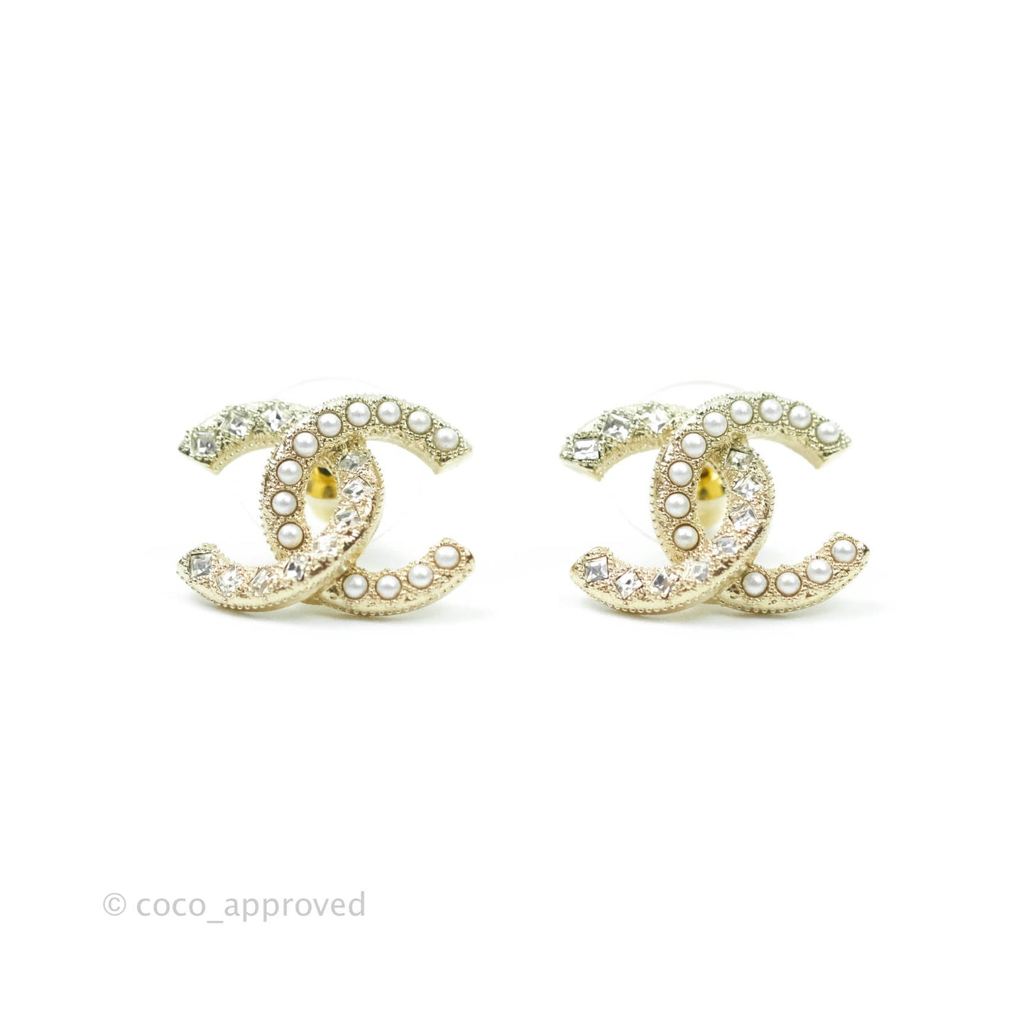 Chanel CC Pearl Crystal Earrings Gold Tone 21A