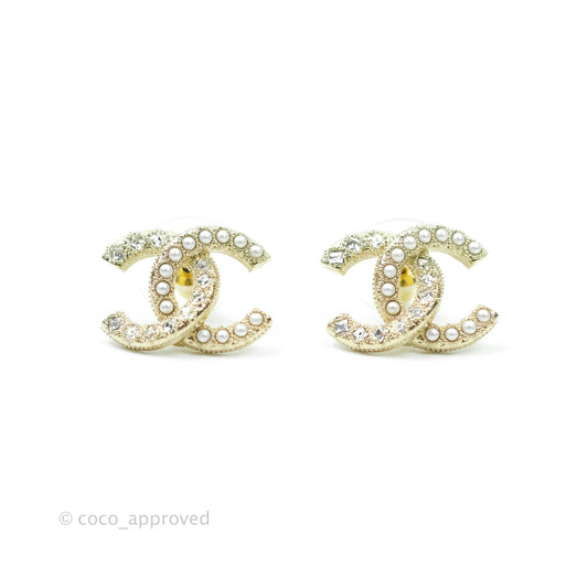 Chanel CC Pearl Crystal Earrings Gold Tone 21A