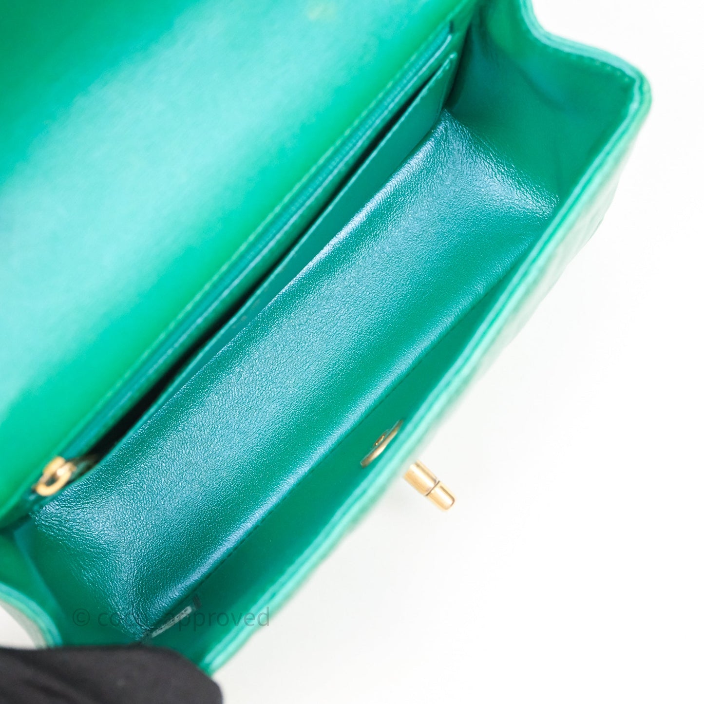 Chanel Top Handle Mini Rectangular Flap Bag Iridescent Green Lambskin Aged Gold Hardware
