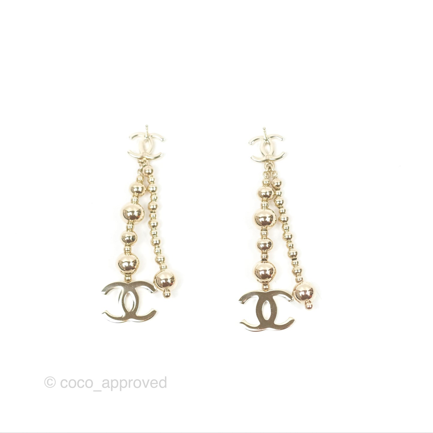 Chanel CC Bead Long Drop Earrings Gold Tone 21S
