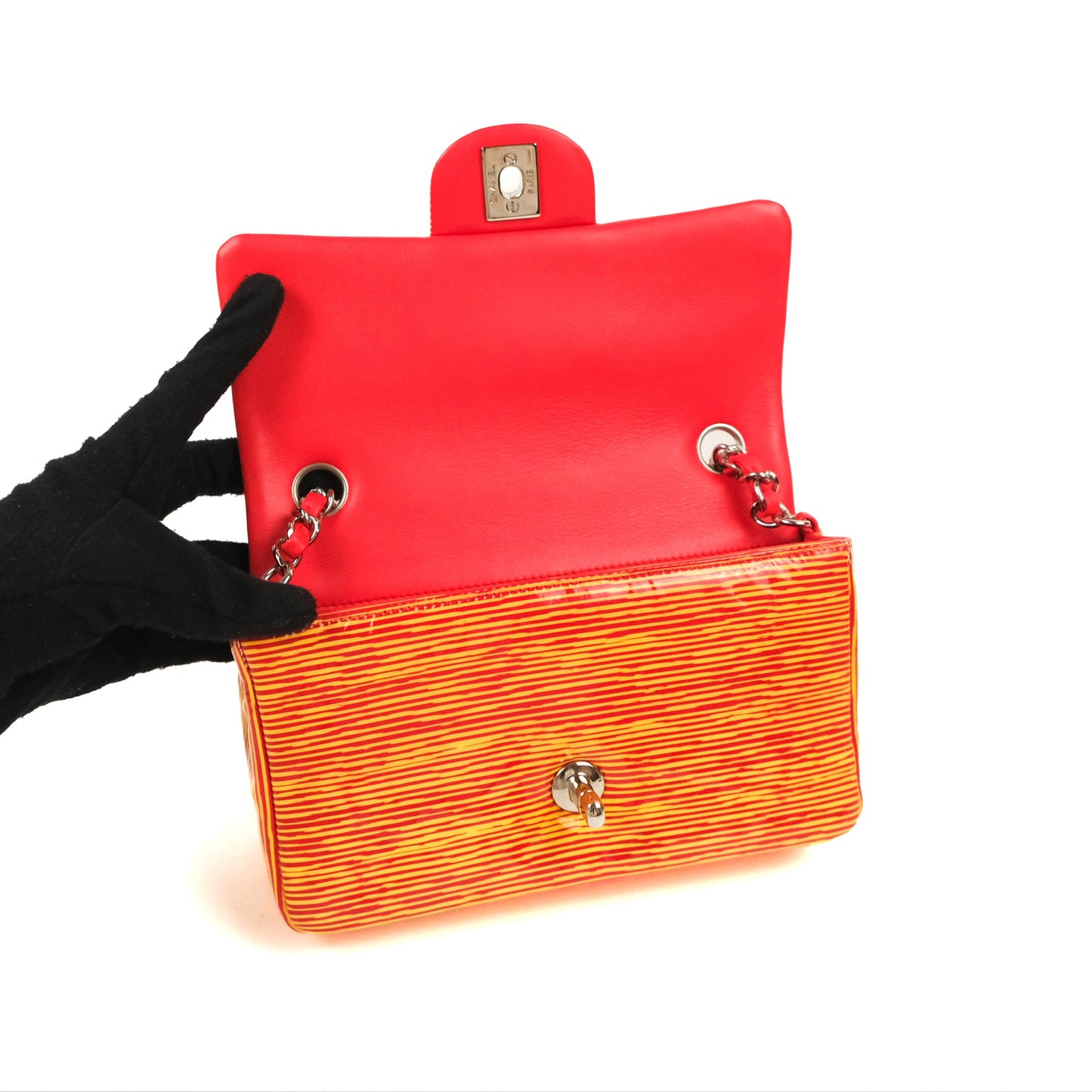 Chanel Mini Rectangular Flap Bag Orange Red Striped Patent Silver Hardware